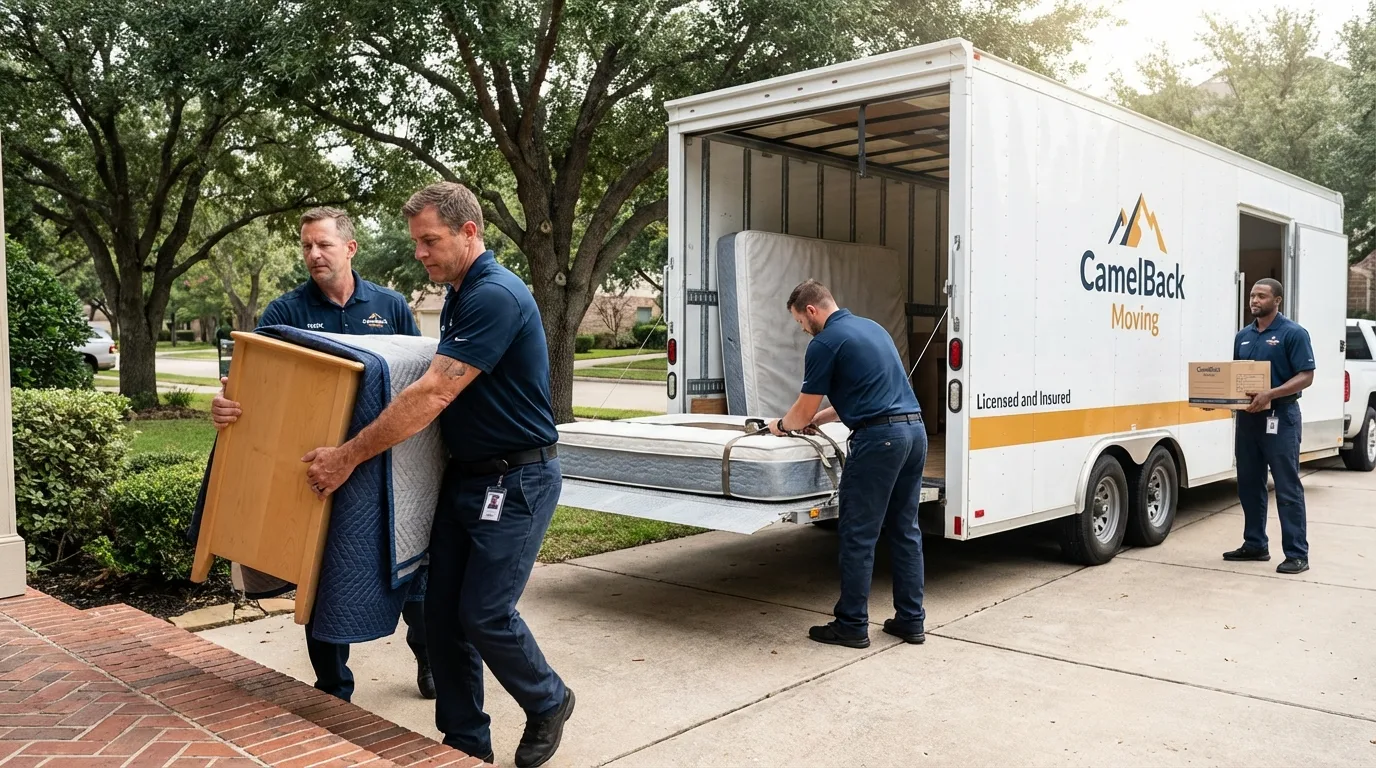 Crew loading residential truck for cross-state move from West Branch, IA