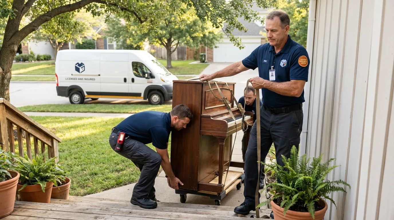Licensed piano movers securing grand piano in West Branch, IA