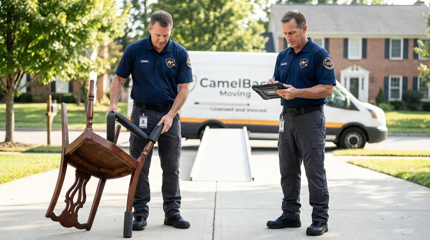 Movers inspecting furniture for damage prevention before loading in West Branch, IA