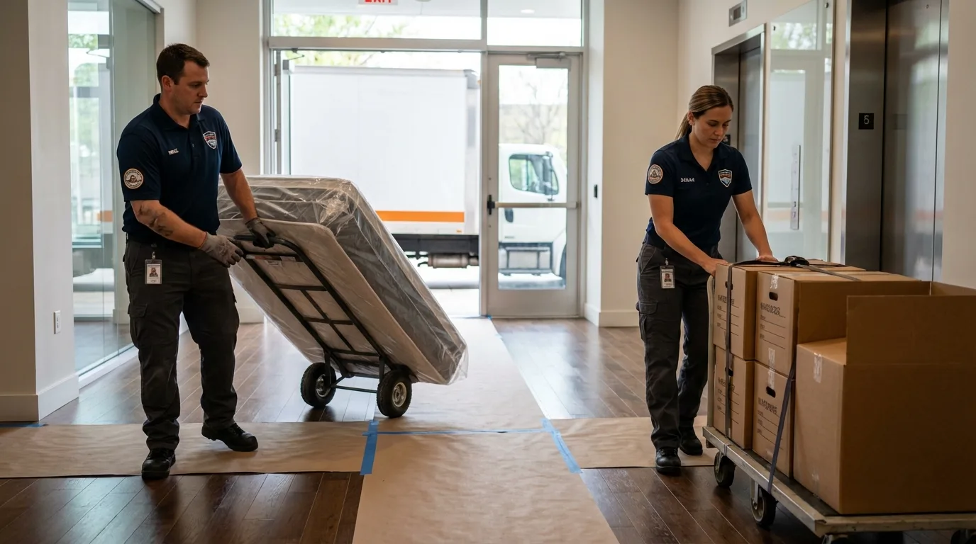 Professional apartment movers loading elevator in West Branch, IA