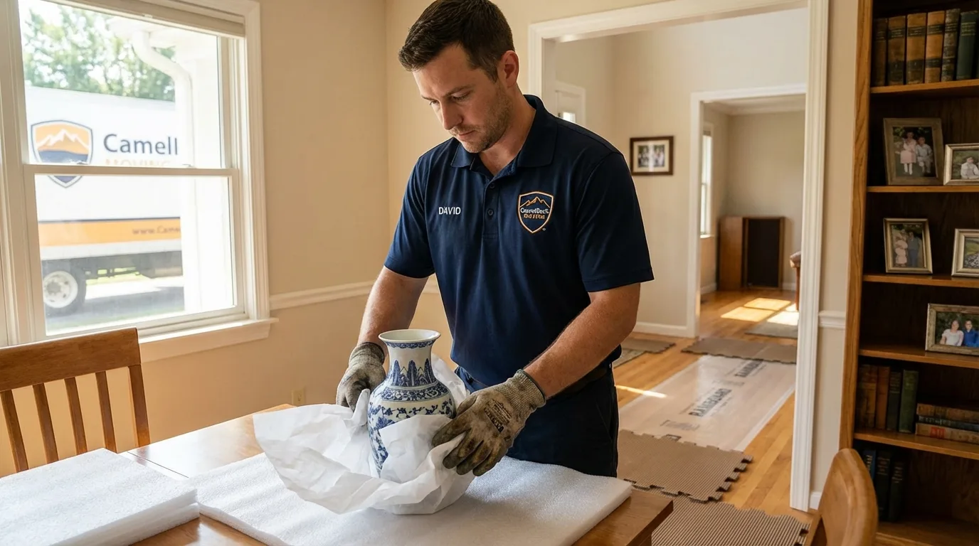 Professional crew carefully wrapping antique vase for senior downsizing move in West Branch, IA