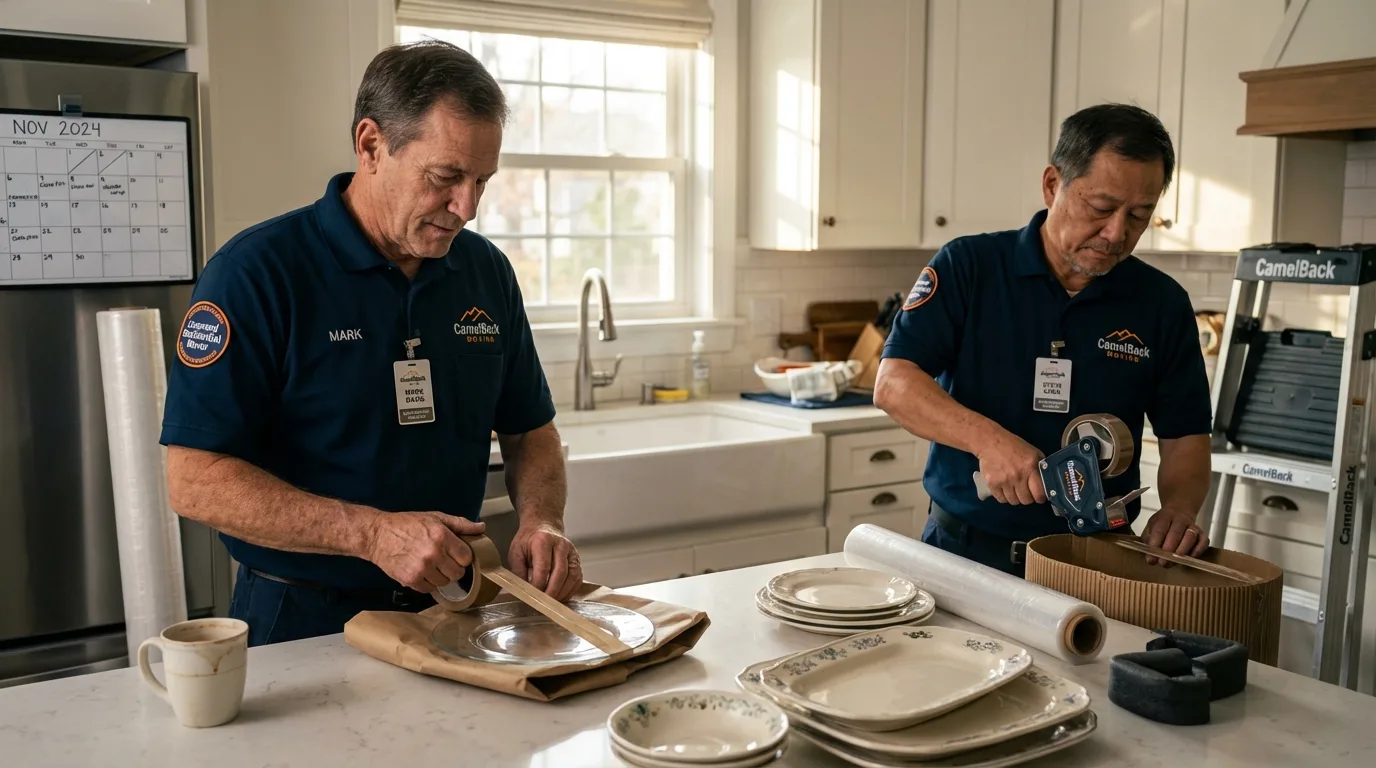 Professional crew packing kitchen dishware in West Branch, IA